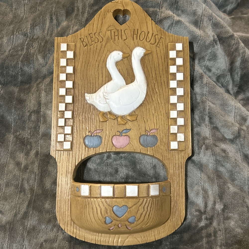 1988 Vintage Burwood #2869B Bless This House Geese Hanging Wall Pocket USA MCM